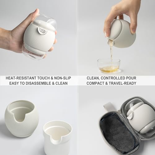 All-in-One Portable Travel Tea Kit, Ceramic Teapot with Removable Infuser, 2 High Borosilicate Glass Tea Cups, Non-Slip Silicone Sleeve & PU Leather Carry Pouch for Camping, Hiking, Office - color: Elephant Gray