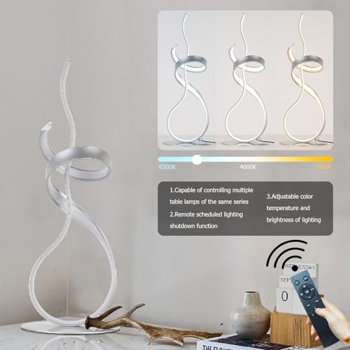 24W Modern 3Color Table Lamp with LED Spiral Design, 22“ Tall Silver Bedside Light & Nightstand Lamp, Touch Dimmable with 3 Colors & Remote Control for Bedroom, Living Room, Home Office (Silver) - color: Silver