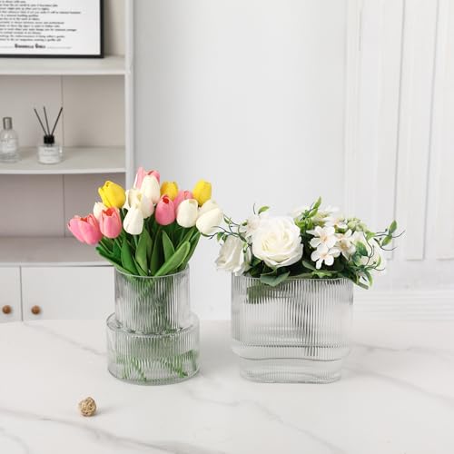 Ribbed Glass Vases, Set of 2 Fluted Vases for Flowers, Clear Vase for Tulips, Modern Glass Vase for Living Room, Dining Table, Office, Entryway, Mantle, Bookshelf, Wedding Gifts - color: Clear, size: Large+Oval