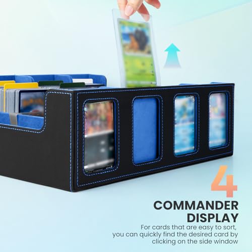 Trading Card Storage Box with Commander Display, 4-Row Deck Case with Removable Lid & Handle, 3000+ Card Organizer with 24 Colorful Dividers & 4 Stoppers for MTG, Black & Blue - color: Black & Blue, size: 3000+, with Handle