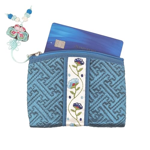 Seoulful Vintage Korean Embroidered Card Pouch - Wildflower Design Coin Purse with Butterfly Charm - Traditional Korean New Year & Chuseok Gift (Red) - color: Red