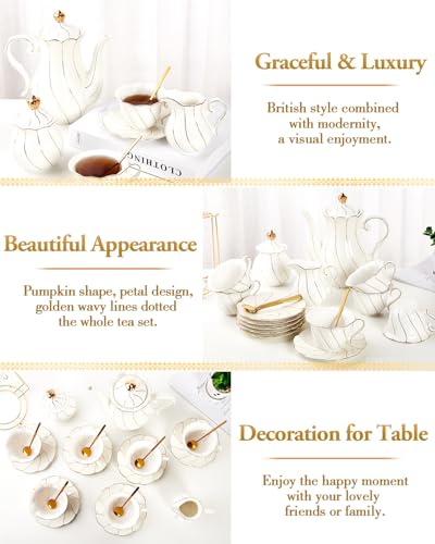 DUJUST 22 pcs White Porcelain Tea Set for 6, Luxury British Style Tea/Coffee Cup Set with Golden Trim, Beautiful Tea Set for Women, Tea Party Set, Gift Package (With a Stand) - color: 22pcs White
