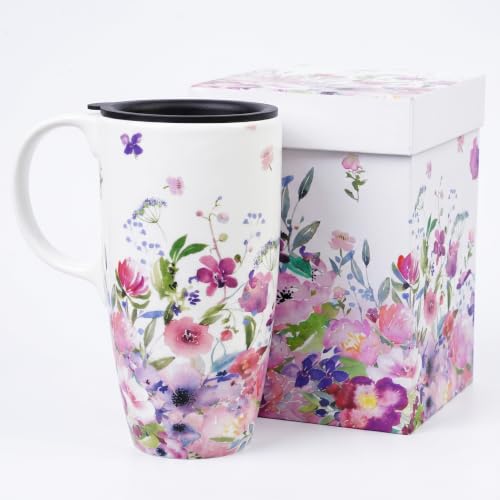 Topadorn 17oz Ceramic Coffee Mug with Lid, Floral Travel Mug with Handle - color: Pink Floral