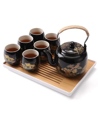 Dujust Japanese Tea Set, Black Porcelain Tea Set with 1 Teapot Set, 6 Tea Cups, 1 Tea Tray, 1 Stainless Infuser, Beautiful Asian Tea Sets for Adults, Tea Lover/Women/Men (Countryside in Golden) - color: Black