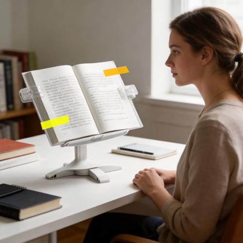 Adjustable Book Stand for Reading with Page Clips,Hands Free Portable Book Holder,with 5 Transparent Sticky Notes and 1 Index Tab, Foldable,Suitable for Cookbooks,Textbooks,Magazines,Laptops,Tablets