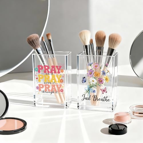 Just breathe 2 Pack Acrylic Cosmetic Pencil Pen Holder Cup, Hope Inspirational Makeup Brush Organizer Holder, Women Faith Gifts, Christian Encouragement Gifts for Women Mom Daughter Teacher - style: Pray Breathe 2