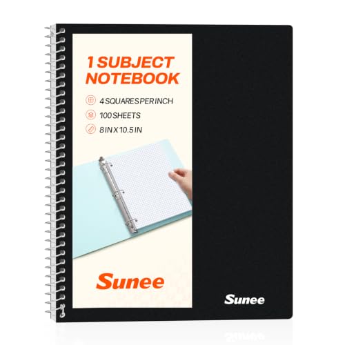 SUNEE Spiral Notebook, 1-Subject, Graph Ruled Paper, 8" x 10-1/2", 100 Sheets per Notebook, 3-Hole Punched Paper, Water Resistant Cover, Spiral Grid Notebooks for Work, Home, School, Writing, Black - color: Black