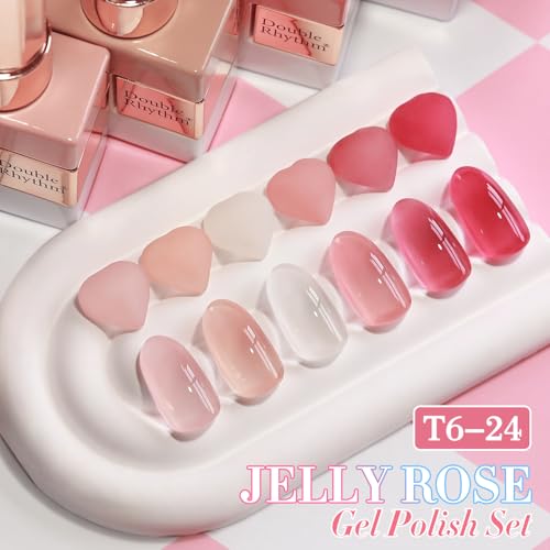 Double Rhythm 6 Pcs 15 ML Gel Polish Set Same Color Same Bottle Soak Off Gel Polish Kit Nail Art Manicure Salon DIY at Home for Women (Milky White Jelly Pink Nude Peach-T6-24) - color: Jelly Rose