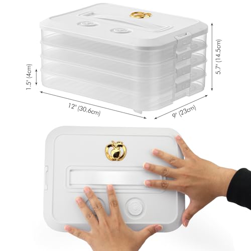 4 Layer Dumpling Box, Food Storage Containers with Lid and Handle, Stackable Biscuit Storage Box for Kitchen and Fridge (White Lid)