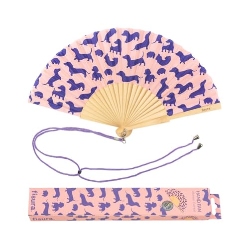Fisura – Original “Sausage Dog” Folding Fan. Pink Wooden Handheld Fan for Women with Hanger. Lightweight Accessory for Weddings, Birthdays, Parties, Festivals and Fun Gift Ideas. - color: Sausage Dog