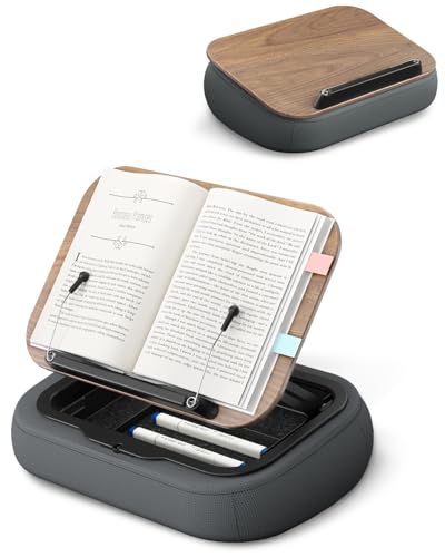 Viozon Lap Book Pillow Stand with Storage, Adjustable Beanbag Reading Pillow with Dark Wood Panel, Multi-Angle Book Holder for Hands-Free Reading in Bed or Sofa,Book Lover Essential, Soft Cushion - color: Natural Wood