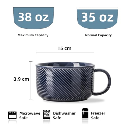 Ceramic Soup Bowl with Handle, 38 oz Microwave Safe, Navy - color: Navy