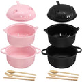 2 Sets Large 45oz Cute Pig Ramen Bowl Set Microwavable Pink, Black - color: Pink,Black