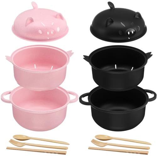 2 Sets Large 45oz Cute Pig Ramen Bowl Set Microwavable Pink, Black - color: Pink,Black