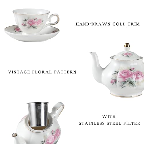 Sweejar Porcelain Tea Set Vintage Floral, British Relief Gold Rim Teapot Cup and Saucer Sets, 22-Piece Tea Sets for Adults, with Teapot, Sugar Bowl, Milk Jug, Spoons, Cup and Saucer (Pink Flower) - color: Pink Flower