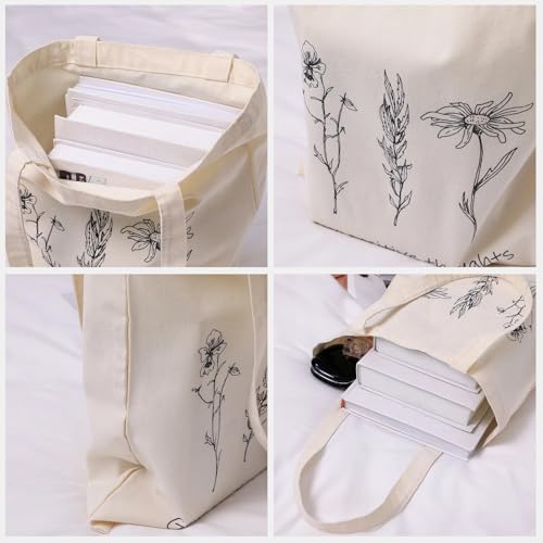 Reginary 4 Pack Canvas Tote Bag, Aesthetic Tote Bag for Women, Wildflower - style: Wildflower
