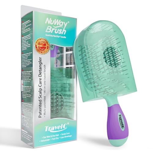 NuWay® TravelC® Scalp Care Hair Brush with Patented Travel Case – Vented Hair Brush for Scalp Massage, Blow-Dry Styling, Wet & Dry Hair, All Hair Types (Turquoise) - color: Turquoise