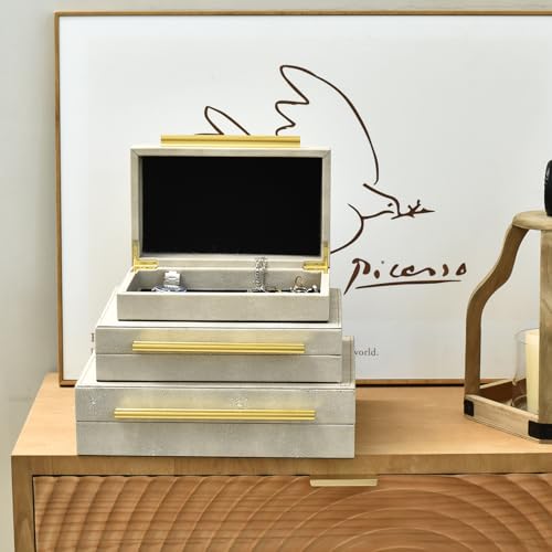 DECOR4SEASON Faux Shagreen Decorative Stackable Storage Boxes – Set of 3 - color: Ivory White, size: L