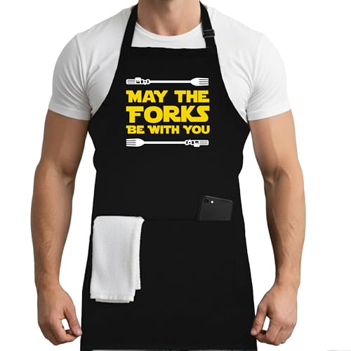 Adult Cooking Apron | May The Forks Be With You | BBQ Grill or Chef Apron with Pockets | Fun Grilling Accessories - color: Black - May the Forks, size: Long - 34”L x 24”W