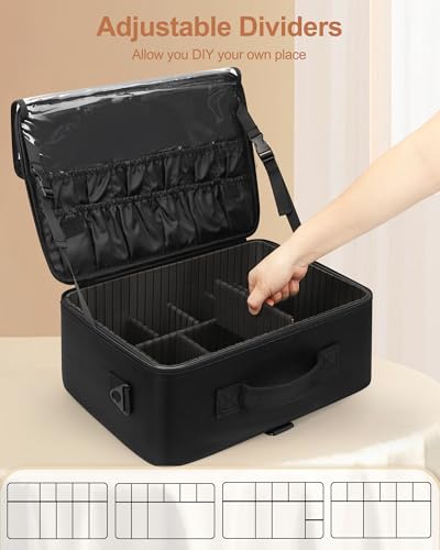 Relavel Large Makeup Bag with 3 Removable Pouches, Travel Train Case Cosmetic Organizer Carrying Box for Makeup Artists Hairstylist with Adjustable Dividers, Brush Holder and Shoulder Strap, Black - color: Black with 3 Clear Bags, size: Large