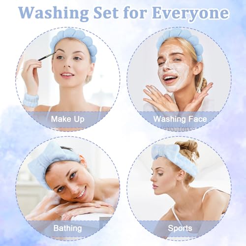 6 Pcs Puffy Terry Cloth Headbands and Wristbands - Sponge Makeup Removal Shower Masks for Skincare and Face Washing - color: Blue