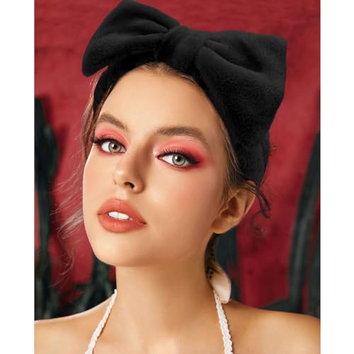 VELSCRUN Spa Headbands for Wash Face, Makeup Headband, Facial Skincare Headbands, 5 Pcs Black Puffy Sponge Spa Headband Bow Tie Hair Band Hair Clips Wristband Set Women Girls Accessories - color: Black