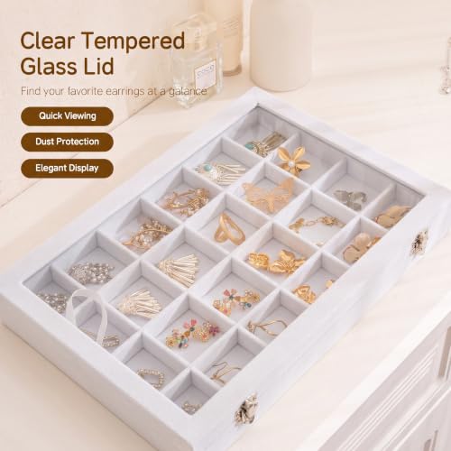 Frebeauty 35 Grid Earring Organizer,Velvet Jewelry Tray with Clear Lid - color: White, size: 35 Grid