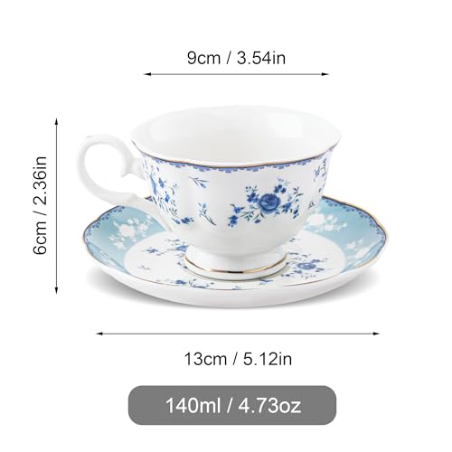 fanquare Blue Rose Porcelain Tea Cup and Saucer Set for 6 - color: Blue Rose tea cup set