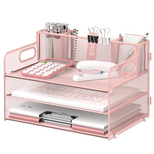 3-Tier Desk Organizer with Pen Holder and Handles, Paper Organizer, Pink - color: Pink