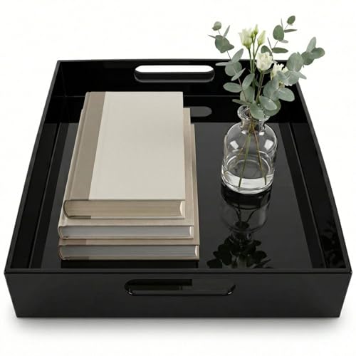 Black Small Acrylic Serving Tray 16x12, Waterproof Modern Coffee Table Tray with Handles, Decorative Rectangle Acrylic Organizers for Living Room, Bar Cart, Bathroom Decor & Vanity Desk Decor - color: Black, size: 16" x 12" x 2"