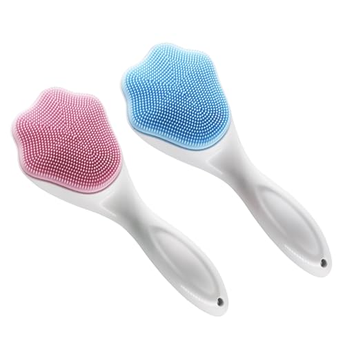 Cat Paw Silicone Face Scrubber, 2-Pack Manual Cleansing and Exfoliating Brush for Pore Care, Blackhead Removal, Gentle Skincare and Makeup Cleaning, Soft Bristles (Pink & Blue)