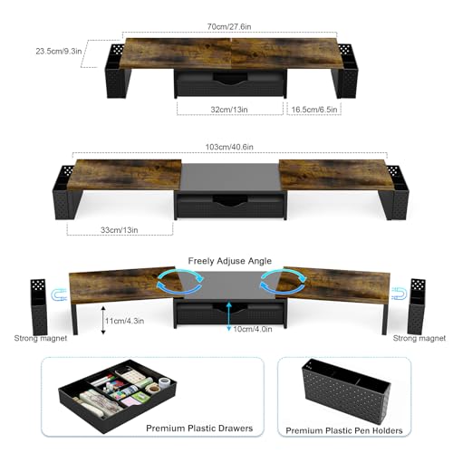 Spacrea Wood Dual Monitor Stand Riser with Drawer and 2 Pen Holders - color: Wood