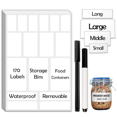 JIEHENG 170Pcs White Removable Labels for Jars with 2 Liquid Chalk Marker - color: White