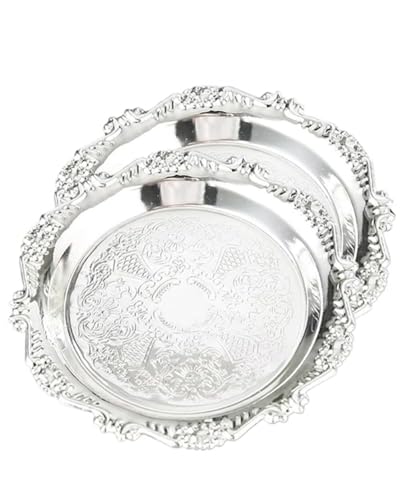 2PCS Coffee Table Tray 11.8in Round Decorative Tray Vintage Metal Dessert Plates for Snacks Fruit Silver - color: Silver, size: 11.8 in