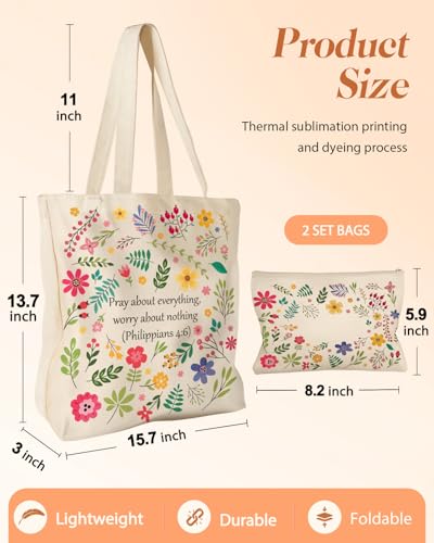 Miss Adola Canvas Tote Bag with Matching Makeup Pouch - color: Bible Blossoms