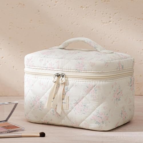 HBselect Quilted Makeup Bag, 3Pcs Cotton Large Travel Makeup Bags Organizer - color: A-3PCS-Floral 34