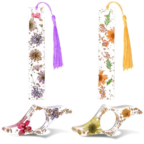 4 Pcs Book Page Holder, Dried Flower Thumb Book Page Holders for Reading, Transparent Floral Resin Bookmarks Holder with Tassels, Reading Accessories for Book Lovers Students Teachers