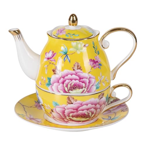 KAMMAK Tea for One Set, Ceramic Teapot, Bone China Tea Set, Cup and Saucer - color: Yellow-GH10