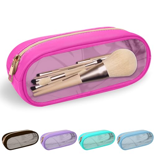 Nylon Small Clear Makeup Bag Slim Pencil Pouch, Cute Pencil Case Makeup Bag Preppy Cosmetic Zipper Pouch for Purse,Travel PVC Toiletry Bag Clutch Coin Pouch Makeup Organizer for Women Girls(Hot Pink) - color: Hot Pink-Clear, size: Slim