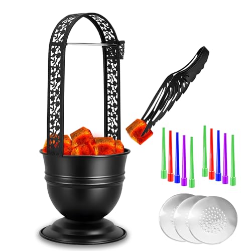 Portable Hookah Charcoal Basket with Coal Tongs,50 pre-Cut foil Sheets, 50 hygienic mouthpieces - Metal Storage Container & Holder for Shisha Accessories (Black Basket 13.7") - size: Black Basket 13.7"