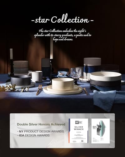 Famiware Star Stoneware Dinnerware Sets for 8, Rimmed Plates and Bowls Set - color: White