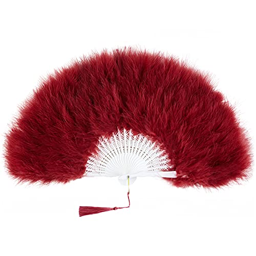 BABEYOND 1920s Marabou Feather Folding Hand Fan - color: Wine Red