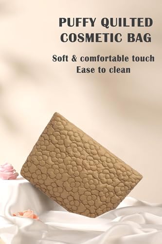 Puffy Quilted Makeup Bag, Cosmetic Bag, Travel Toiletry Organizer Pouch, Clutch for Wom (Khaki Flower) - color: Khaki Flower