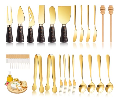 Marble Gold and Black Cheese Knife Set, Ceramic Handle Charcuterie Board Accessories Butter Spreader Cheese Slicer Knife With Serving Tongs, Spoons, Forks, Flags Cheese Markers, Wooden Honey Dipper - color: Marble Black