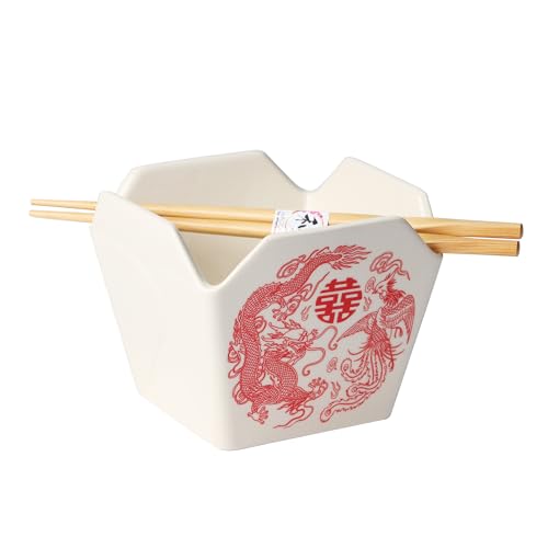 Urban Tokyo Chinese Takeout Box Style Porcelain Bowl With Chopsticks 18 fl oz Square Shape Rice Noodles Pasta To Go Box Shaped Bowl Microwave Dishwasher Safe (Phoenix & Dragon) - color: Phoenix & Dragon