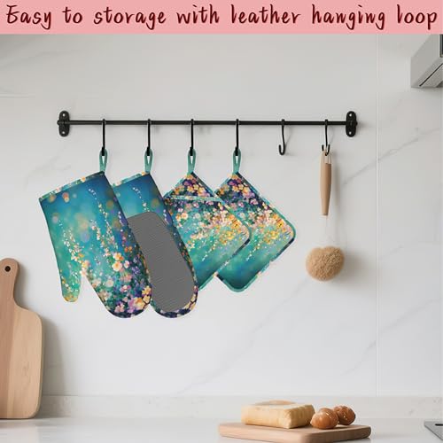 Watercolor Ivy Flower Spring Flower Oven Mitts and Pot Holders (4PCS),Heat Resistant Non-Slip Silicone Kitchen Gloves for Cooking, Baking, BBQ Waterproof Kitchen Accessories - color: Watercolor Ivy Flower Spring Flower