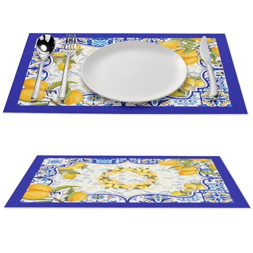 Summer Lemon Mediterranean Italian Tiles Placemats Set of 4, 12x18 Inch - color: Lemon07, size: 4pcs
