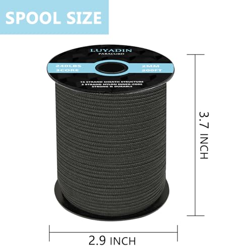 Paracord 240lb - Diameter 2mm Micro Utility Cord -3 Strand Parachute Spool Cord - 100ft 200ft,Paracord for Camping,Hiking,Fishing,Outdoor and DIY - color: Black, size: 200 ft