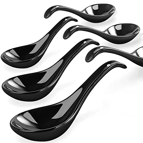 Black Ceramic Soup Spoons Set, 6.75 inch Deep Oval Hook Design, Dishwasher Safe - Perfect for Ramen, Pho, Noodles, Stews, Wonton, Dumpling, Miso - size: 6.75 inch - Black