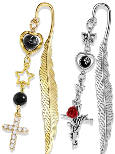 Buleens 2 Pack Bookmarks for Women Reading - Book Marks for Readers Book Lovers, Goth Sliver Cross Personalized Metal Bookmark with Pendants, Pretty and Aesthetic Book Accessories Reading Gifts - color: Sliver Gold Gothic Cross